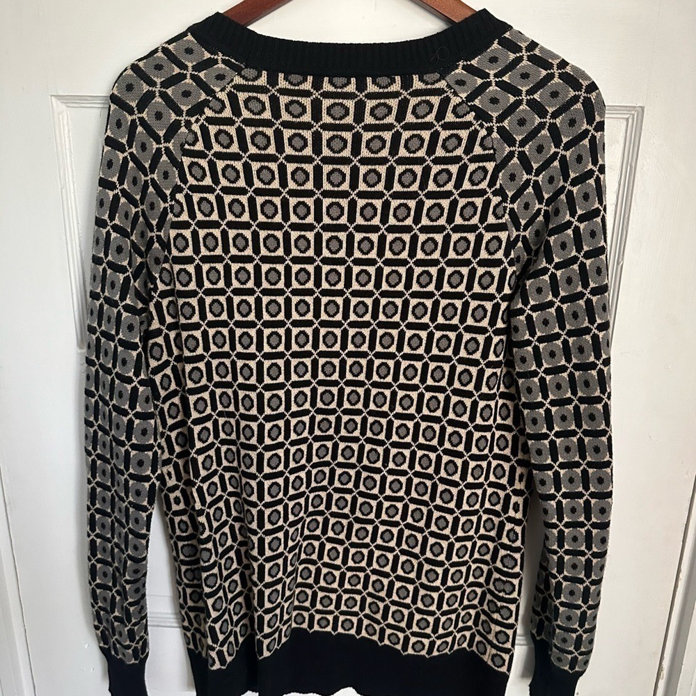 C Wonder Womens Geometric Tile V-Neck Cardigan Sweater Black Grey Small Luxury - Picture 4 of 7